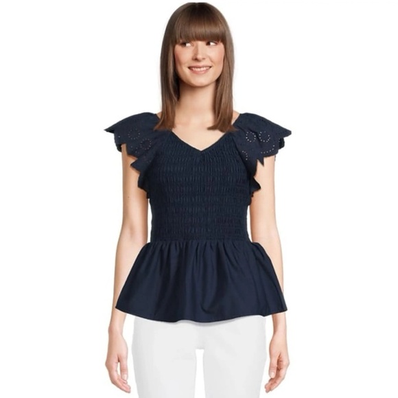 Time and Tru Tops - Time and Tru Women's Smocked Bodice V-Neck Eyelet Ruffle Top